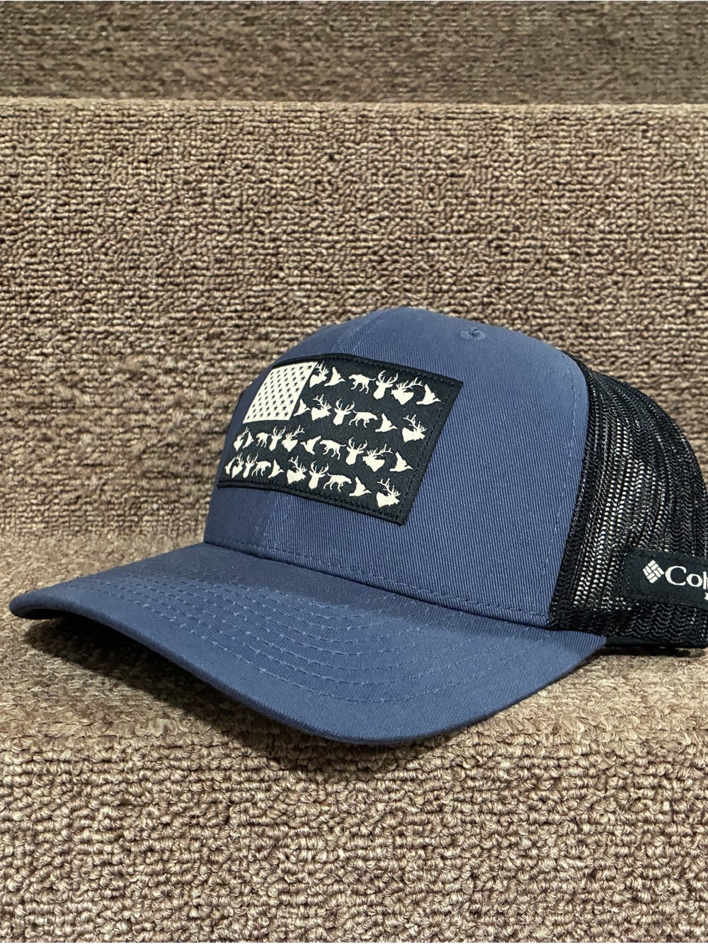 Columbia Blue Trucker Hat with Fishing Flag Patch